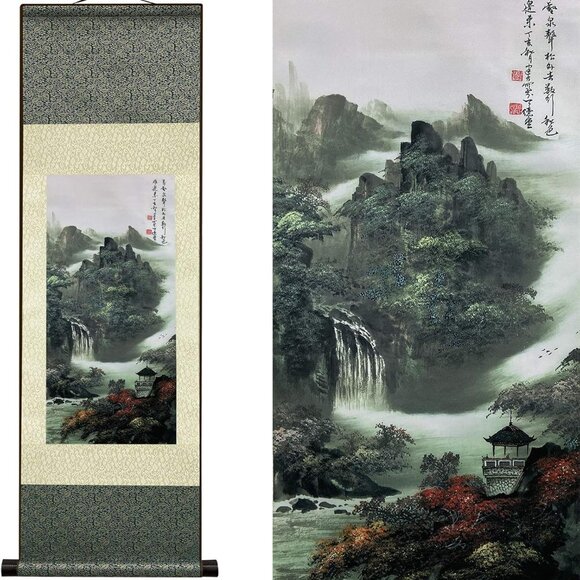 Asian Wall Decor - Beautiful Silk Scroll Painting of Waterfall River Landscape - - Picture 1 of 9
